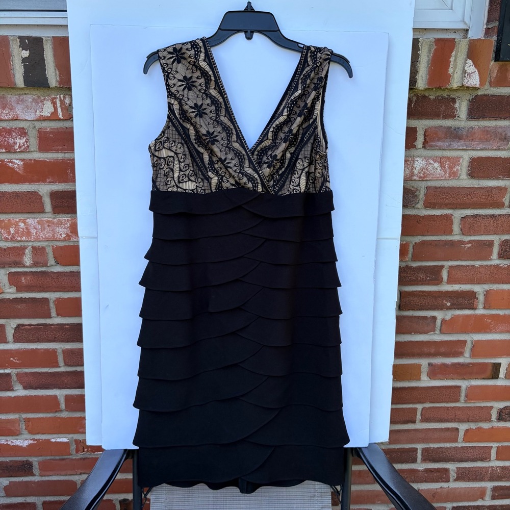 Jessica Howard Womens Black Lace Tiered Ruffle Cocktail Dress 12P Petite V-Neck